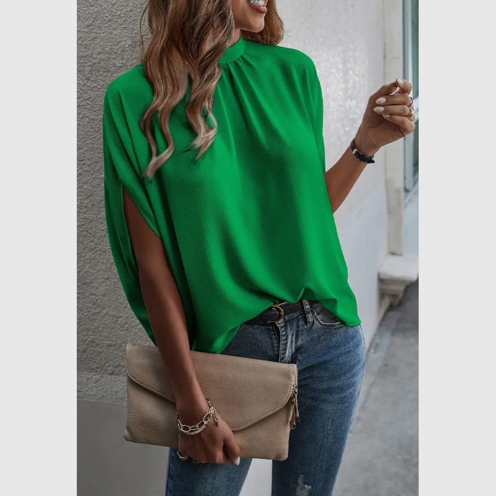 Women's Solid Cape Short Sleeve Loose Top / GREEN